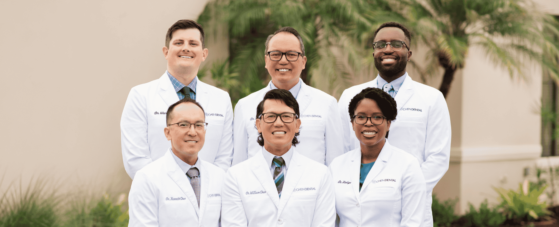 Our Doctors 2026 Doctors at Chen Dental featuring Dr. William Chen, Dr. Jere Seralde, Dr. Kenneth Chen, Dr. Alan Ward, Dr. Sharon Hodge, and Dr. Carl-El Semerzier